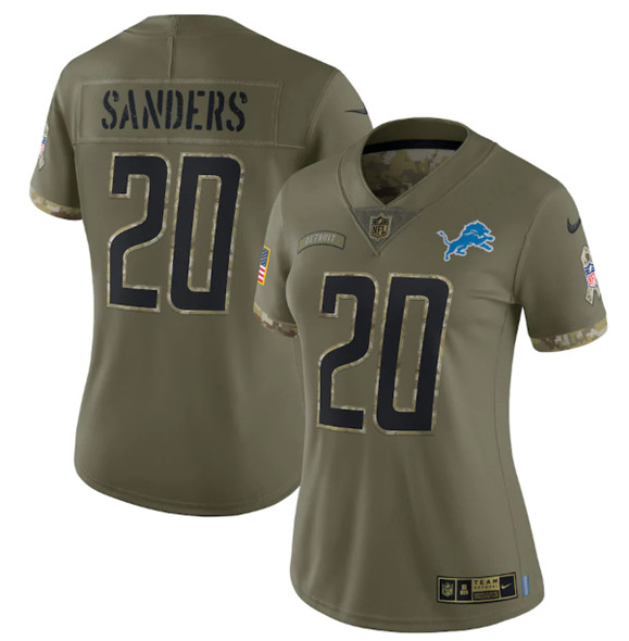 Women's Detroit Lions #20 Barry Sanders 2022 Olive Salute To Service Limited Stitched Jersey(Run Small)